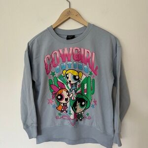 Powerpuff Girls Cowgirl Cuties Graphic Sweatshirt Light Blue Large Crewneck y2k